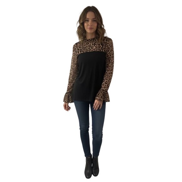 Sterling Kreek Womens Leopard Print Ruffle Long Sleeve Top L - Picture 1 of 4